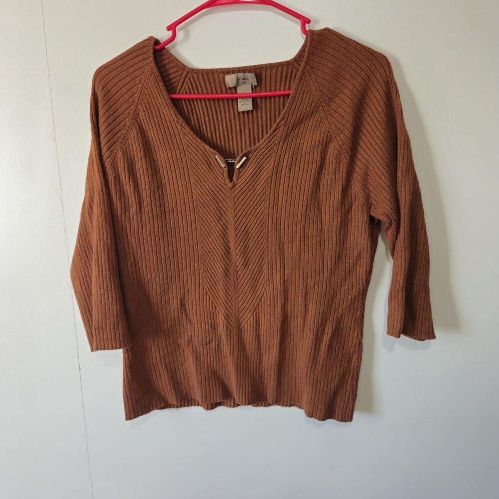 I.E. Brand Copper Ribbed Sweater Juniors Large Chain Eyelet V Neck 3/4 Sleeve